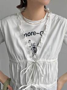 FRIFUL Blusa de manga corta con lazo en la parte delantera, de unicolor y sencillo para uso diario, con volantes