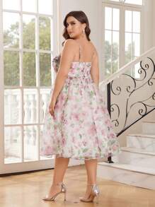 SHEIN Belle Elegant & Romantic Plus Size Floral Printed Organza Camisole Party Dress - Pink - View 2