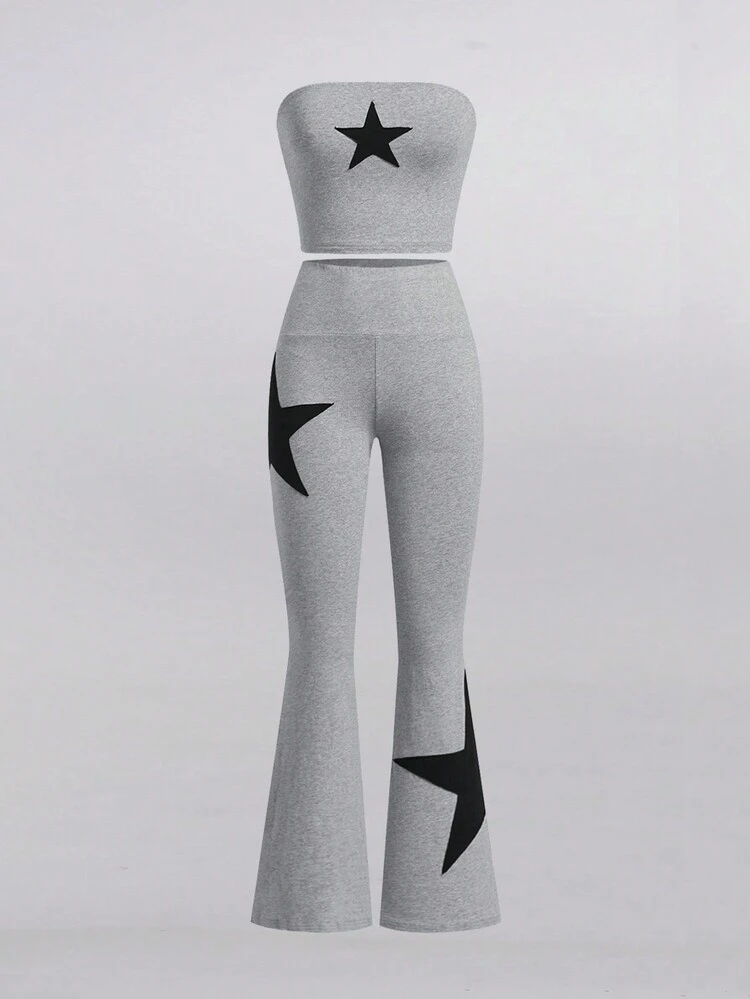 Star Print Tube Top & Flared Pants Set