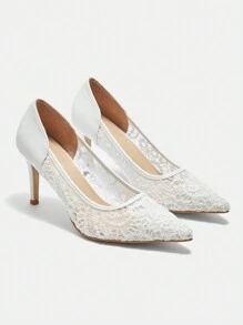CUCCOO HITCHD Pointy-Toe Stiletto Mesh White Wedding Shoe, Elegant Style Women's High Heel Pump Spring Shoes Spring Break Easter Prom Heels For Christmas - White - View 3