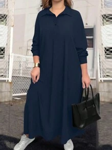 SHEIN LUNE 大尺碼女士純色Polo領落肩長袖寬鬆休閒直筒裙，春夏款 - 藏蓝色 - 查看 1