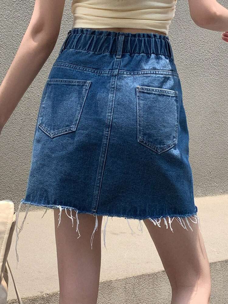 Women's Frayed Edge Pleated Casual Summer Mini Skirt Jeans Skirt