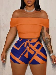 Slaydiva Boho Summer Holiday Off Shoulder Tight-Fitting Top And All-Over Printed Waist Tie Mini Shorts Going Out Set - Orange - View 1