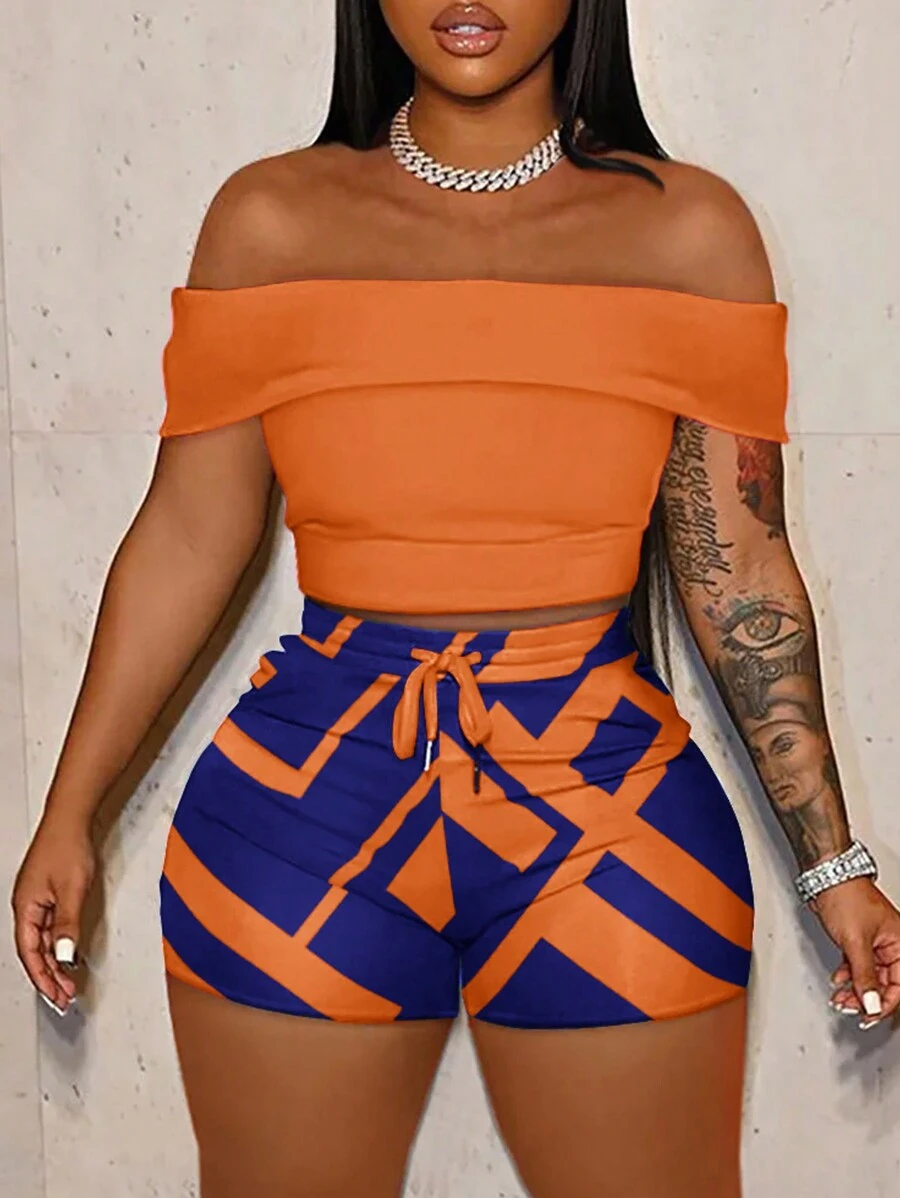 Slaydiva Boho Summer Holiday Off Shoulder Tight-Fitting Top And All-Over Printed Waist Tie Mini Shorts Going Out Set - Orange - View 1