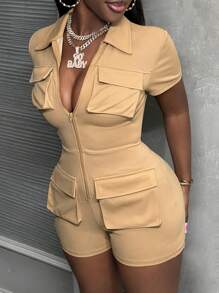 Slaydiva Mono sexy de manga corta con cremallera delantera con grandes bolsillos para mujer para estilo callejero en festival de música 2024, uso diario casual, color D