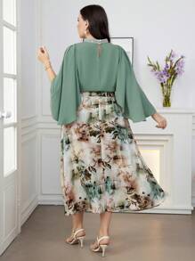 Modelyn Plus Size Solid Color Split Sleeve Casual Top And Floral Print Skirt 2pcs/Set 2 Pieces Set - Multicolor - View 2