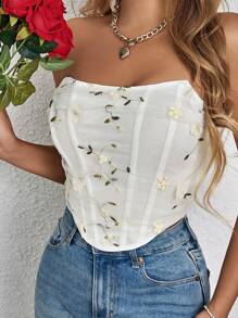 Allurite SHEIN Sexy, Romantic, Elegant, Three-Dimensional Floral And Leaf Embroidery Patchwork, Stretchy And Soft Knitted Fabric, Herringbone Design, Pointed Cups, Asymmetrical/Irregular Hem, Button Back. Apricot Strapless Women's Top Perfect For Spring, Summer, And Autumn Dates. - Multicolor - View 4