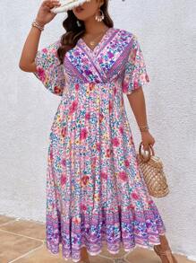 Women Plus Floral Print Butterfly Sleeve Dress, Summer Outfit - Multicolor - View 5