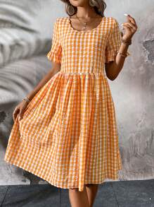 SHEIN LUNE Summer Fashionable & Casual Comfortable Loose-Fit Orange Plaid Women's Dress