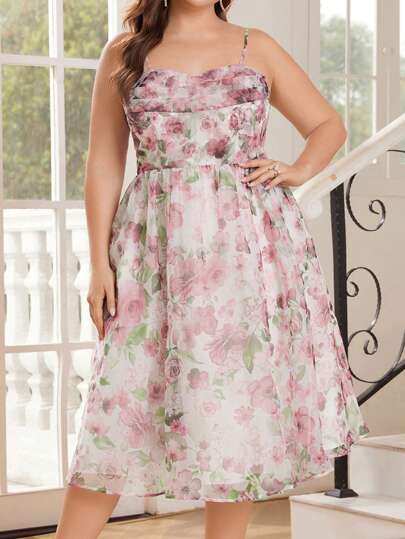 SHEIN Belle 優雅浪漫大碼印花紗綢背心連衣裙