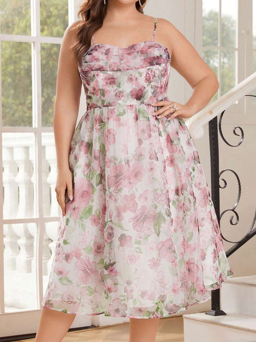 SHEIN Belle Elegant & Romantic Plus Size Floral Printed Organza Camisole Party Dress - Pink - View 1