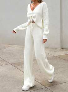 EURMUSE V Neck Sweater Top And Trouser Elegant Simple