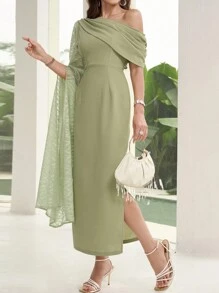 Modelyn Đầm dài xếp ly cổ lệch thanh lịch cho nữ, trang phục Maxi mùa hè cho nữ Đầm dạ hội dài - màu xanh lá - Xem 3