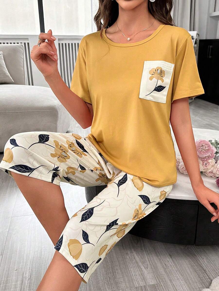 Bộ đồ ngủ mùa hè cổ tròn in hoa cho nữ và quần capri - Màu vàng - Xem 1
