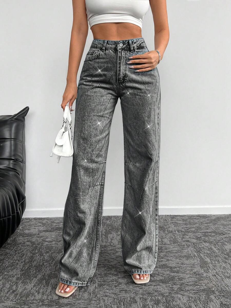 EURMUSE Của phụ nữ Rộng chân Quần jean Với Rhinestone Chi tiết - Xám - Xem 1