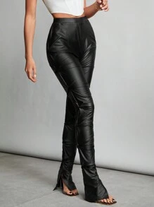 SHEIN Tall Quần legging da PU co giãn màu đen lưng cao xếp nếp để đi tiệc và đi club - màu đen - Xem 5