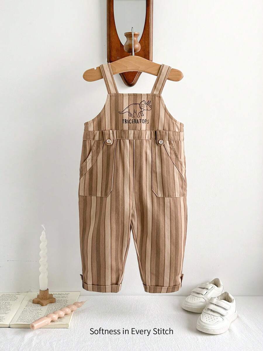 Cozy Pixies Bộ áo liền quần không tay họa tiết khủng long sọc & chữ cái thường ngày cho bé trai, phong cách Hàn Quốc, khuôn viên trường, thích hợp mặc mùa xuân/hè/thu, mặc ở nhà/ngoài trời/du lịch - Màu Khaki - Xem 1