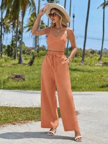 SHEIN VCAY 女士純色簡約日常背心長褲套裝，2件套 - 橘色 - 查看 3