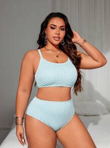 SHEIN Swim Curve 大尺碼夏季海灘閃爍波浪圖案藍色比基尼套裝 - 藍色 - 查看 3