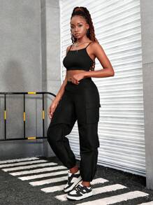 少女休閒街頭風格卡通印花鬆緊上衣和吊帶裝載褲2件套裝 - 黑色 - 查看 5