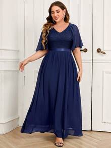 MIUSOL Plus Lace Bodice Butterfly Sleeve Chiffon Formal Party Dress Elegant Prom Evening Wedding Guest Gown, For Graduation, Dinner - Navy Blue - View 3