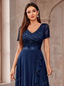MIUSOL Elegant V-Neck Sequin Floral Lace Ruffle Trim High Low Hem Formal Party Long Dress Prom Evening Wedding Guest Gown, For Graduation, Dinner