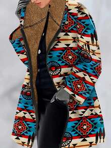 Jaqueta Casual com Capuz e Impressão Geométrica de Comprimento Médio, Forrada Termicamente para Outono/Inverno - Multicolorido - Visão 3