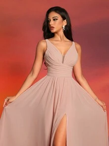 Smilprince 大腿高开叉露背细肩带优雅晚礼服礼服伴娘服 - 淺粉色 - 查看 4