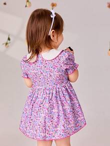 SHEIN Random Printed Peter Pan Collar Baby Girl Dress - Purple - View 2