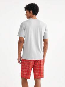 Men's Solid Color Short Sleeve Top And Checkered Shorts Homewear Set - Multicolor - View 2