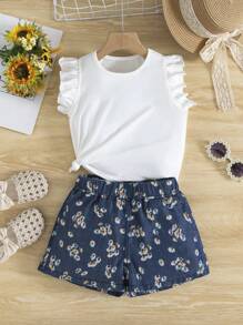 SHEIN Young Girl Knitted Regular Top And Washed Blue Printed Denim Effect Shorts Set - Multicolor - View 1