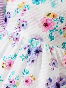 Baby Girls' Flower Print Patchwork Striped Ruffle Dress And Short Sleeve Top Set