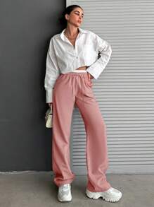 EURMUSE Women's Solid Color Simple Daily Casual Pants - Berwarna merah muda - View 3