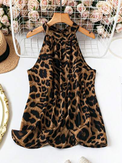 SHEIN LUNE Camisa sin mangas de talla grande para mujer con estampado de leopardo, simple y casual para uso diario