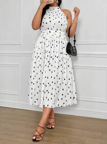 Celure Plus Size Polka Dot Pleated Dress With Ribbon Ties