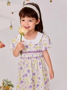SHEIN Young Girls' Puff Sleeves Floral Print Dress With Detailing, Suitable For  And Elegant Occasions