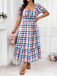 SHEIN Clasi Váy cổ vuông kẻ caro in họa tiết cỡ lớn có dây buộc eo, hoàn hảo cho trang phục Maxi dành cho phụ nữ đi nghỉ hè - Nhiều màu - Xem 4