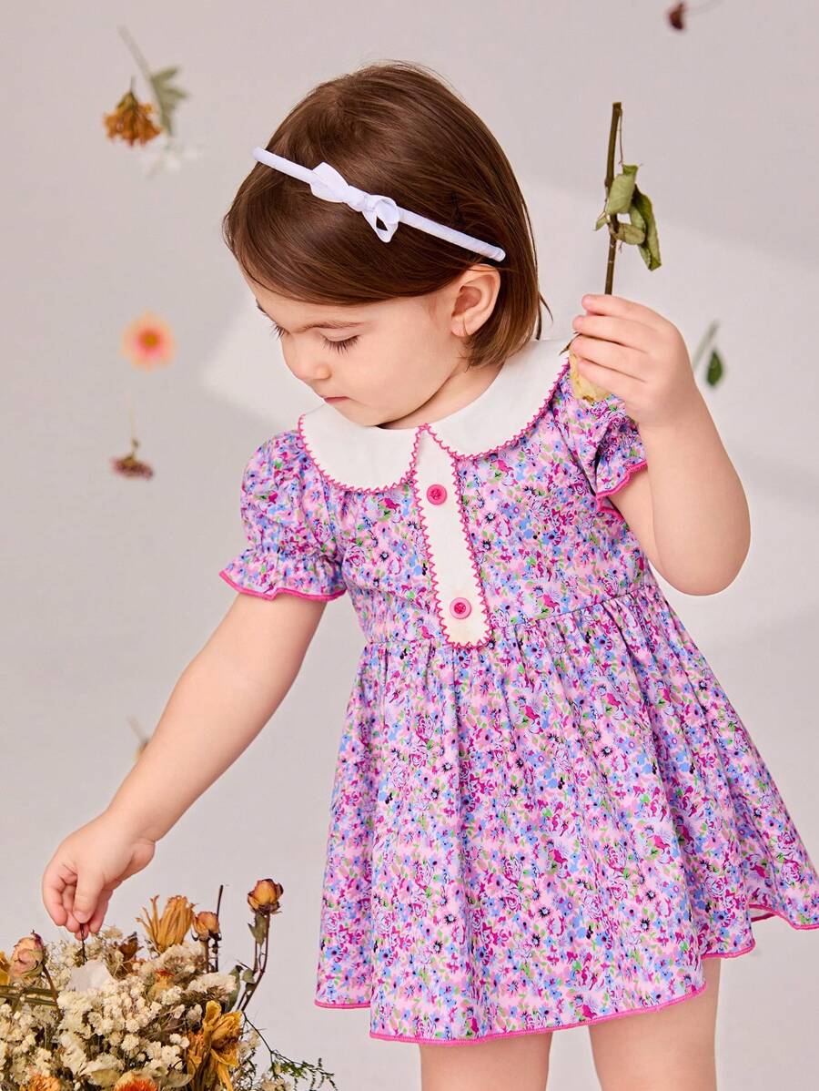 SHEIN Random Printed Peter Pan Collar Baby Girl Dress - Purple - View 1