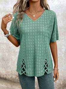 EMERY ROSE Women's Summer V-Neck Batwing Sleeve Loose T-Shirt With Pocket And Cross Hem