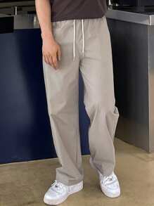 DAZY 男式純色束腰側口袋休閒直筒褲，適用於夏季