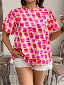 SHEIN LUNE Plus Size Women's Random Printed Simple Daily Shirt - Multicolor - View 4
