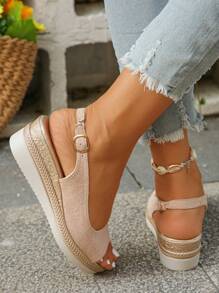 Nuevas sandalias de plataforma con tacón de cuña dorado de moda para mujer, color rosa abierto en la punta para madres de mediana edad