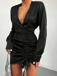 EURMUSE V-Neck Drawstring Ruffle Hem Short Bodycon Dress - Black - View 5