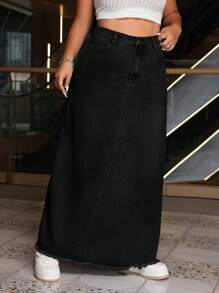 SHEIN ICON Plus Size Women's Simple Solid Color Denim Skirt For Daily Wear - Black - View 6