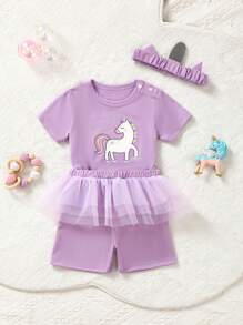SHEIN Baby Girls' Cute Unicorn Printed Short Sleeve Romper With Shorts, Mesh Skirt And Headband Set, Homewear - Mauve Purple - View 8