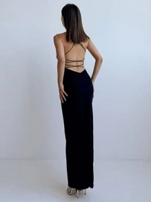 Aloruh Vestido negro ajustado con abertura alta en la pierna y dobladillo en forma de H estilo callejero moderno, vestido de tirantes para mujer sin mangas