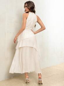 SHEIN Privé 女裝夏季純色立領綁腰設計荷葉邊吊帶連身裙 - 杏色 - 查看 3