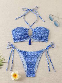 SHEIN Swim 1set Women's Vacation Beach Halter Bikini Set (Random Print) For Summer - Blue - View 1