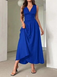 SHEIN Privé 女士法式風格高腰褶皺長裙，無袖V領2024新款 - 寶藍色 - 查看 3