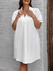 SHEIN LUNE Texture Weave Fabric V-Neck Puff Sleeve A-Line Dress With Pockets, Plus Size - White - View 5